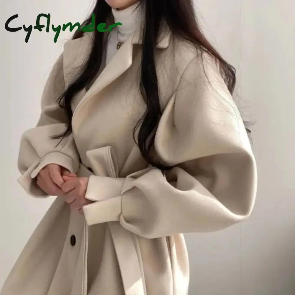 Cyflymder WINTER OUTFIT Black Trench Coat for Women Aesthetic Long Wool Blends Winter Clothing Puffer Woman Coats New Clothes Korean Jackets Female Thic