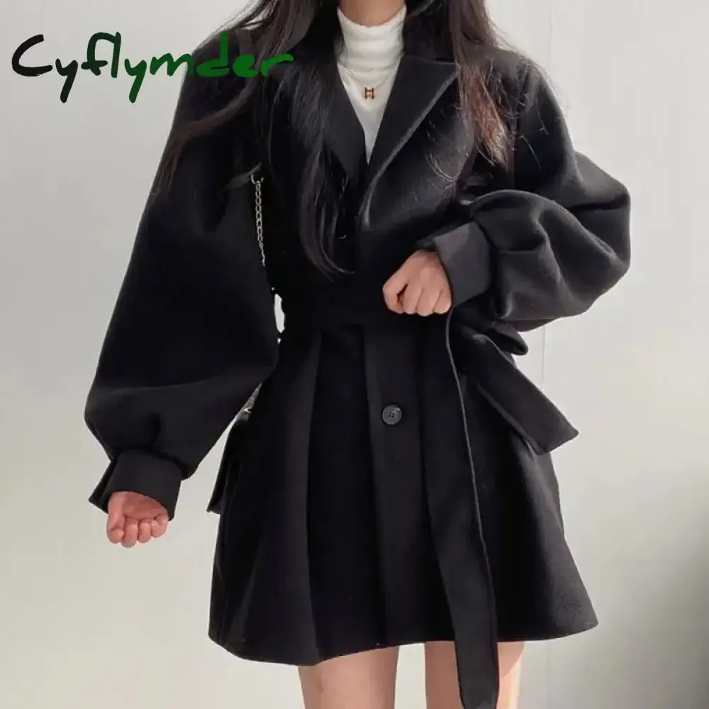 Cyflymder WINTER OUTFIT Black Trench Coat for Women Aesthetic Long Wool Blends Winter Clothing Puffer Woman Coats New Clothes Korean Jackets Female Thic