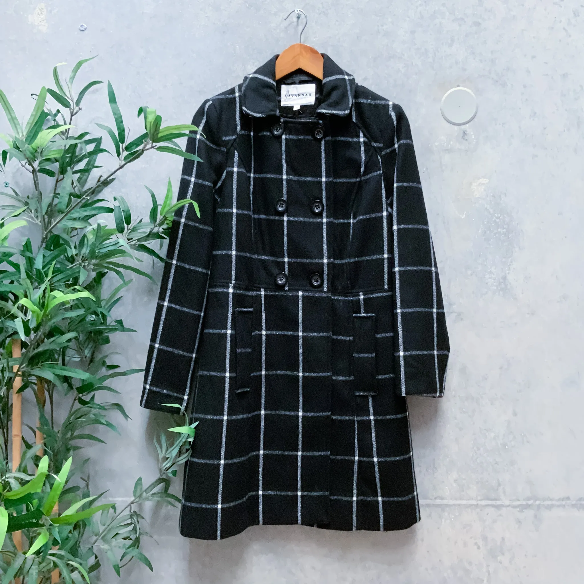SAVANNAH Ladies Monochrome Plaid Trench Coat Jacket - Size 8
